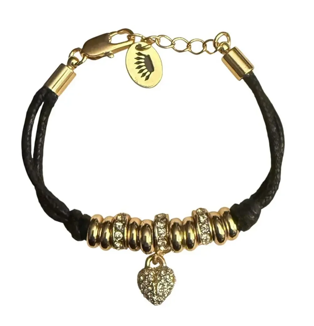 Juicy Couture Bracelet Pave Crystal Heart Charm Gold Beads Black Cord 6”-6.5